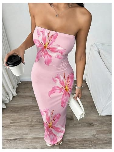 OYOANGLE Women's Floral Strapless Bodycon Maxi Dress Boho Sleeveless Slit Hem Vacation Tube Top Dresses thumbnail 5