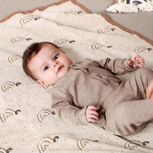 Lulu Moon Muslin Baby Blanket - Cotton Toddler Blankets for Cribs - Quilt Nursery Blanket for Baby Boys and Girls 47"x47"(Brown Rainbow) thumbnail 7