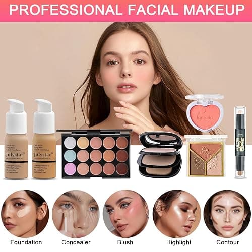All in One Makeup Kit for Women Full Kit, Professional Travel Makeup Kit for Women & Teens, Foundation Eyeshadow Lipstick Brow Pencil Eyeliner Contour Powder, Complete Make Up Gift Set for Beginners thumbnail 4