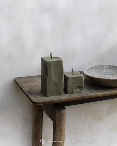 LAWA Raw Block Set of 2 Candle - Beautiful Handmade Pillar Scented Soy Wax Elegant Aesthetic Candle Housewarming Gift Home Room Shelf Decor Idea (Earthy Green, Set of 2) thumbnail 2