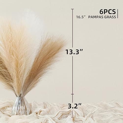 ZIFTY 6-Pcs 17" Pampas Grass Faux Pompas Fluffy Artificial Fake Flower Boho Decor for Vase Filler Ins Style Modern Home Wedding Decorations (Beige Mixed) thumbnail 3