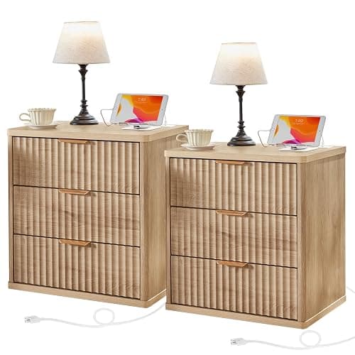 LEYAOYAO 23" Wide Fluted Farmhouse Night Stand Set of 2 with Charging Station, 3 Drawers Large End Table w/Metal Handle, Natural Nightstand Bedside Table,Wood Dresser for Bedroom, Closet - Image 1