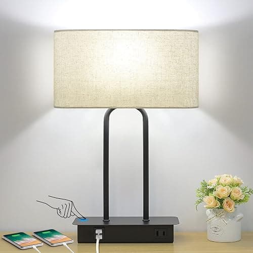 Bedside Touch Control Table Lamp with Dual USB Charging Ports 1 AC Outlet, 3 Way Dimmable Modern Nightstand Lamp with Cream Fabric Shade, Desk Lamp for Bedroom Living Room Office with 5000K LED Bulb - Image 1