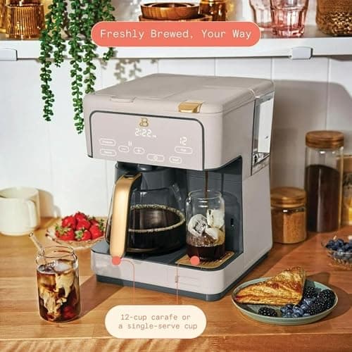 Beautiful Multi-Brew Coffee Maker – 12-Cup Carafe & Single-Serve Pod or Grounds, Iced Coffee Mode, Programmable Touch Display, Includes Filters (Porcini Taupe) thumbnail 3