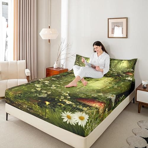 Erosebridal Magic Fitted Sheet Mushroom Fitted Sheet Twin Size Daisy Leaves Branches Sunset Nature Bedding Set Trippy Style Fairy Tale Theme Bed Cover Home Room Decorative thumbnail 5