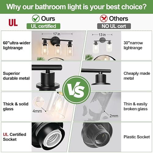 Zarbitta 3-Light Bathroom Light Fixtures, 17.23" Black Modern Vanity Lights with Clear Glass Shade, Bathroom Wall Lamp for Mirror Kitchen Living Room Hallway Cabinet Porch thumbnail 2