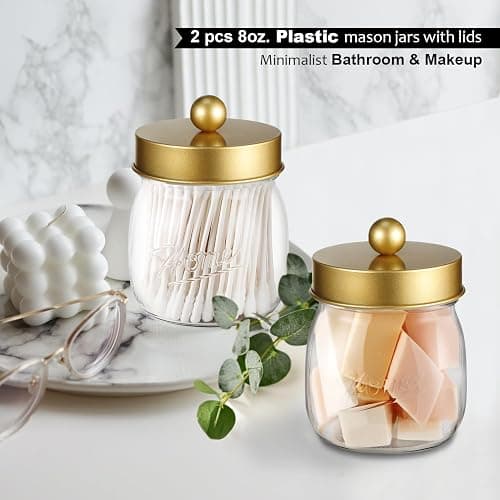 Farmhouse Decor Apothecary Jar Set,Mason Jar Bathroom Vanity Storage Organizer Canister - Qtip Holder Plastic Acrylic Jar for Cotton Swabs,Cotton Pads,Floss Picks,Paper Clips,Hair Clips(2 Pack,Gold) thumbnail 4
