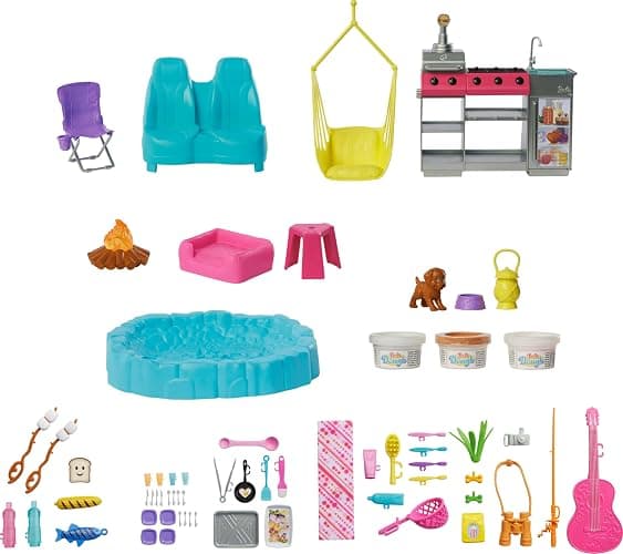 Barbie Dream Camper New for 2025 Playset with Roof Tent, Swing Chair, Fishing Pond, BBQ Grill with Color-Change Feature & 60+ Accessories Including Dough thumbnail 6