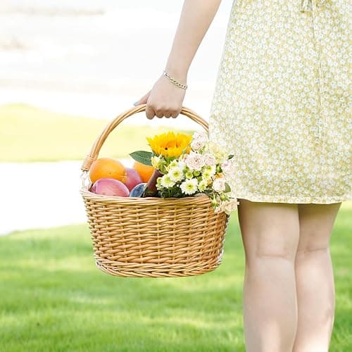 Weidenkorb mit doppelt klappbaren Griffen, natürlicher großer Weidenkorb, leerer Korb, günstige Ostereier, Süßigkeiten, Aufbewahrung, Weinkorb für Spielzeug, Blume, Hochzeit (weiß, 40,6 cm) thumbnail 5