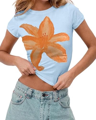 Cioatin Women Y2K Short Sleeve Flower Graphic Baby Tee Shirt Vintage Aesthetic Floral Print Summer Crop Tshirt Tops - Image 1