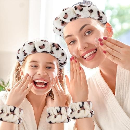 Zkptops Spa Headband for Washing Face Wristband Set Sponge Makeup Skincare Headband Wrist Plush Bubble Get Ready Hairbands for Women Puffy Headwear Non Slip Thick Thin Hair Accessory(Beige Leopard) thumbnail 7