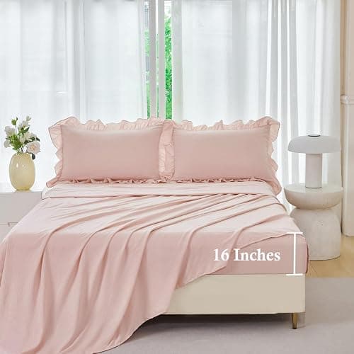 ANGIYUIN Blush Pink Comforter Sets Twin Size 5 Pieces Ruffle Bed in A Bag Farmhouse Bedding Sets Solid Color Soft Fluffy Bed Sets for Kids Girls（Blush Pink Twin） thumbnail 6