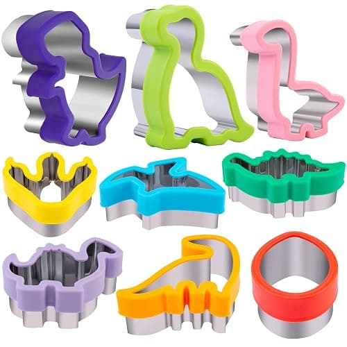 Nifogo Set di 9 formine per biscotti fai da te, in acciaio inox, con testa di dinosauro e impronta per bambini - Image 1