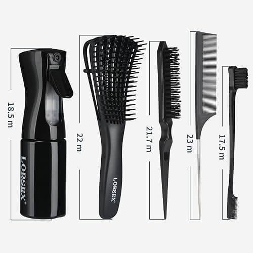 LORSEX Haarbürste mit 200ml Haar Sprühflasche, Entwirrbürste für Naturhaar für Afro Haare 3a bis 4c Verworrenes, Welliges, Lockiges Haar, mit 3 Stück Toupier Bürste Set Doppelkanten Bürste (Schwarz) thumbnail 8