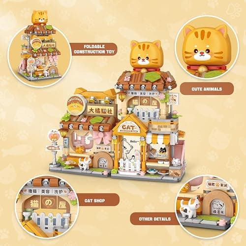 Street View Cute Cat Shop Mini Building Blocks, MOC Creative Building Toys Cute Animals Building Set for Girls 6-12, Simulation Architecture Construction Toy, Gift Idea for Kids Adults (917 PCS) thumbnail 3