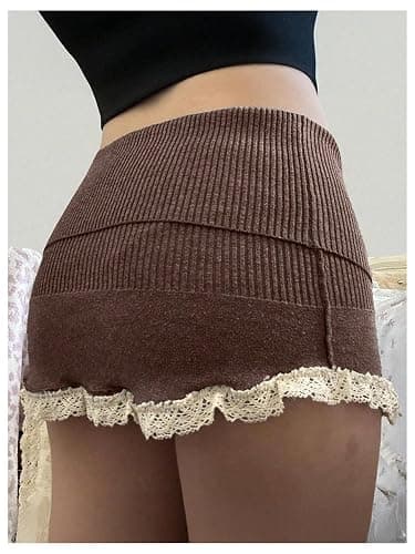 GORGLITTER Women's Lace Bodycon Mini Skirts Y2k Bow High Waisted Color Block Sweater Knit Pencil Skirts thumbnail 2