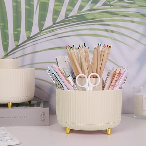 SKYDUE 360 Rotating Plastic Desk Pen Organizer with 5 Slots, Dual-Purpose Art Supply Pencil Cup for Office, School, Home - Beige thumbnail 2