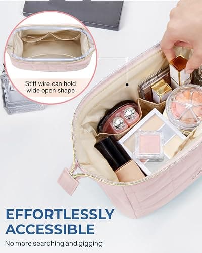 BAGSMART Makeup Bag Travel Toiletry Bag, Puffy Padded Make Up Bags for Women Makeup Organizer Case, Wide-open Pouch Purse Travel Essentials Toiletries Accessories Brushes, Pink thumbnail 5