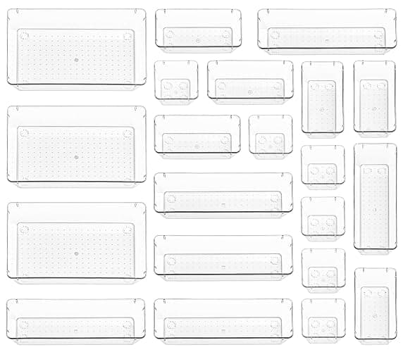 Stackzy Drawer Organiser Set – Makeup Organiser Tray for Drawers – Clear Cosmetics Container Tray for Bedroom – Utensil Cutlery Set Divider – Kitchen Storage & Organisation – 21pack - Image 1