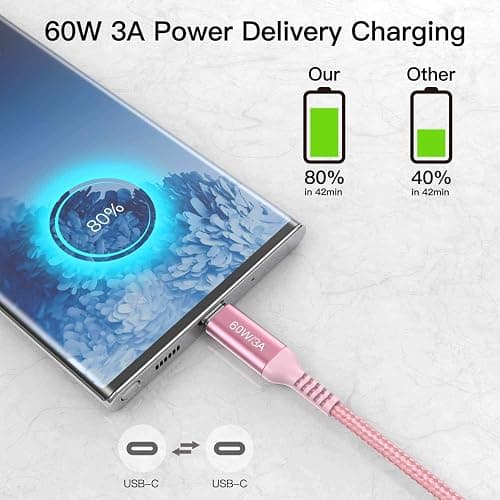 Long USB C to USB C Cable 15 ft Pink, 60W Fast Charging, USB Type C Charger Cord for iPhone 15/15 Pro,iPad Pro Air 12.9 4th, MacBook Pro, PS5, Samsung Galaxy S23 S22, Note 20 10 Ultra, Google Pixel 7 thumbnail 6