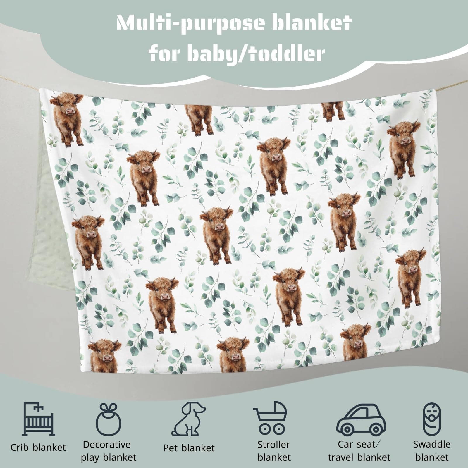 HawSkgFub Highland Cow Eucalyptus Leaf Mink Baby Blankets with Dotted Backing Boy Girl Shower Gift, Western Cowboy Double Layer Nursery Swaddle, Soft Newborn Infant Toddler Bed Crib Bedding 30 x 40 thumbnail 4