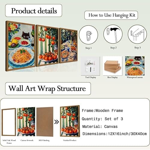 Framed Vintage Italian Kitchen Canvas Wall Art Set of 3, Funny Black Cat with Pasta Food Pictures Wall Decor, Rustic Tomato Paintings Prints Farmhouse Home Decor for Dining Room Restaurant 12X16in thumbnail 7