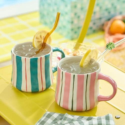 Hand-Painted Ceramic Coffee Mugs Set of 4 – 16oz Large Capacity Artistic Tea Cups with Checkerboard & Striped Patterns, Microwave & Dishwasher Safe for Home, Office, Kitchen (Summer Vibes Collection) thumbnail 8