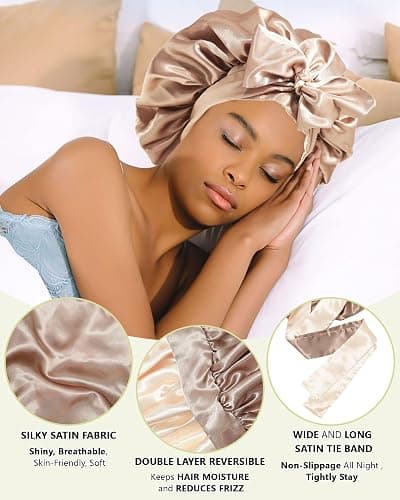 Satin Bonnet Silk Hair Wrap for Sleeping - Reversible Cap with Tie Band Night Cap Double Layer for Curly Hair (Coffee + Champagne) thumbnail 4