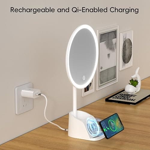 Yls Rechargeable Lighted Makeup Mirror with 1x/10x Detachable Magnification, Vanity Mirror with 3 Color Adjustable Lighting,Qi-Enabled Charging,and 360 °Rotating Design thumbnail 5