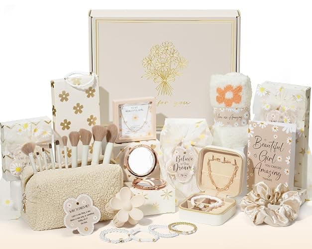 Easter Basket Gifts for Tween & Teen Girls, 8 PCS Birthday Gift Teenage Girl Gifts Trendy Stuff w/Fun Task Tag Makeup Brushes & Bag, Empower Positive Wrapped Gift Prefilled Stuffers for Daughter Niece - Image 1