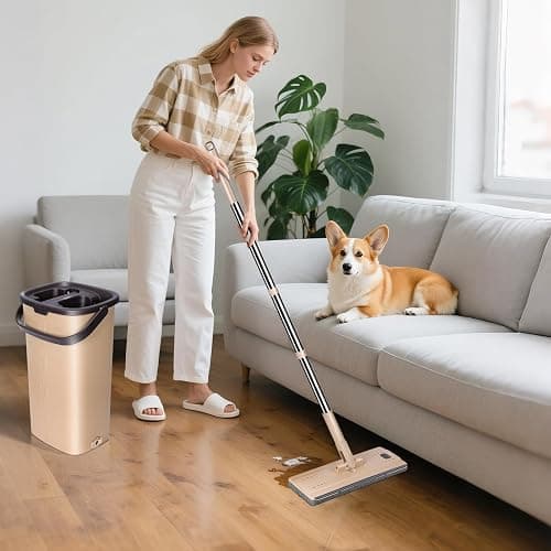 MASTERTOP Mocio Lavapavimenti e Secchio Strizzatore, Mocio Piatto Rotante a 360° e Secchio Autolavaggio, Mop a Mani Libere in Microfibra , con 6 Tamponi Riutilizzabili (Beige) thumbnail 2