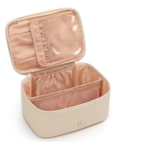 OCHEAL Beige Makeup Bag,Travel Makeup Organizer Bag, Large Capacity Cosmetic Bags For Women Large Travel Toiletry Bag Girls Traveling With Brush Slot And Divider-White - Image 1