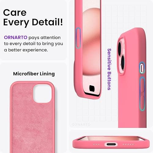 ORNARTO Compatible with iPhone 15 Case, Slim Liquid Silicone 3 Layers Full Covered Soft Gel Rubber Phone Case Protective Cover with Microfiber Lining 6.1 Inch-Sweetie Pink thumbnail 5