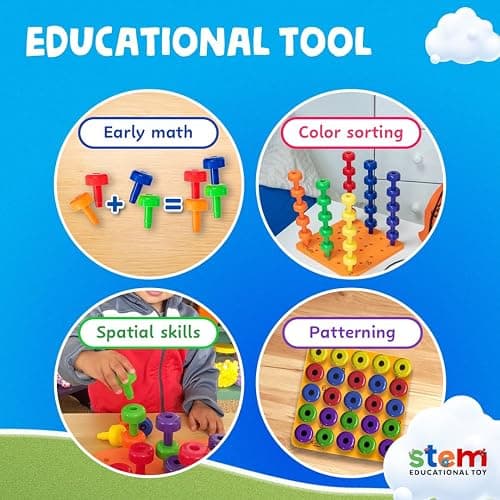 Skoolzy Peg Board Set - Montessori Toys for 2 Year Old - 33 Pc Peg Board for Kids - Occupational Therapy Toys with Pegs, Dice, Lacing String & Storage Bag - Montessori Toys for 2+ Year Old - 1. Peg Set with Foam Board (33 pc) thumbnail 2