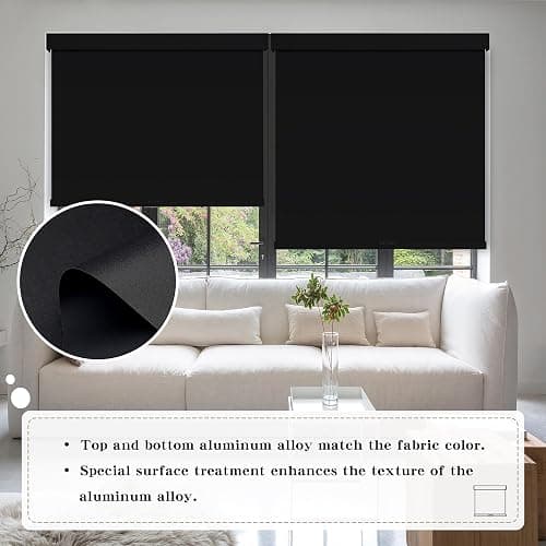SUNOFF Cordless Blackout Roller Shades Blinds for Windows Free-Stop,Pull Down Room Darkening with Valance,Thermal Insulated Woven Fabric Window Door Blinds for Home,Office,Black 20" W x 72" H thumbnail 3