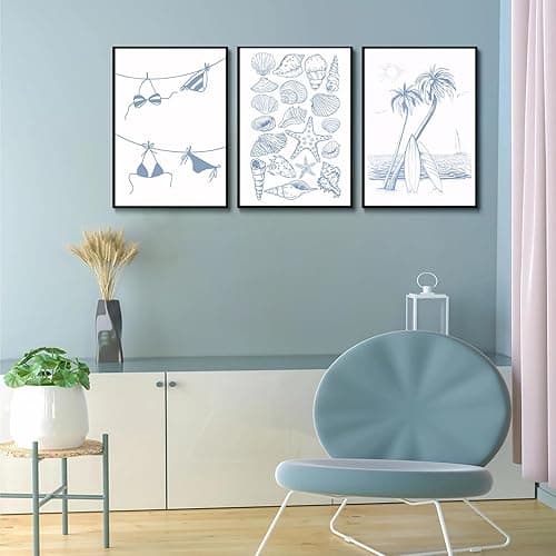 Trendy Coastal Wall Art Set of 3 Blue Seashell Bikini Coquette Posters Prints Coastal Granddaughter Beach House Preppy Aesthetic Wall Decor Pictures for Girly Bedroom Dorm Apartment Unframed 12x16in - Coastal - 16L" x 12W"poster thumbnail 4