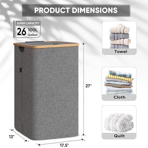 BALEINE Laundry Hamper with Lid, Tall Laundry Baskets with Bamboo Pull Handles, Large Laundry Bin with Internal Support (26 Gal/100L, Black) thumbnail 4