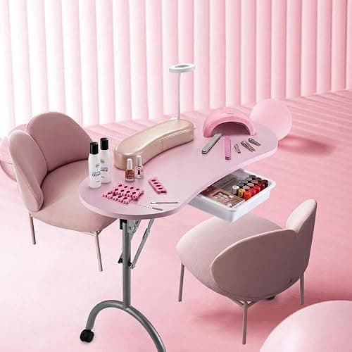Joligrace Manicure Table Nail Desk Professional Foldable Portable Table | Nail Technician Workstation 4 Lockable Wheels with Drawer Client Wrist Pad Free Carrying Bag Travel Nail Tech Spa Table Pink thumbnail 9