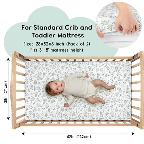 Yoofoss Baby Crib Sheets for Boys Girls, Fitted Crib Sheet 2 Pack for Standard Crib and Toddler Mattress, Super Soft Microfiber Baby Sheet 28x52x8in(Green+Leaf) thumbnail 2