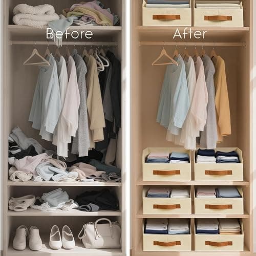 Homsorout Fabric Storage Bins for Organizing - 6 Pack Large Trapezoid Collapsible Storage Bins with Front Handle, Closet Organizers and Storage for Bedroom, Home Shelves, Small Spaces, Beige thumbnail 5