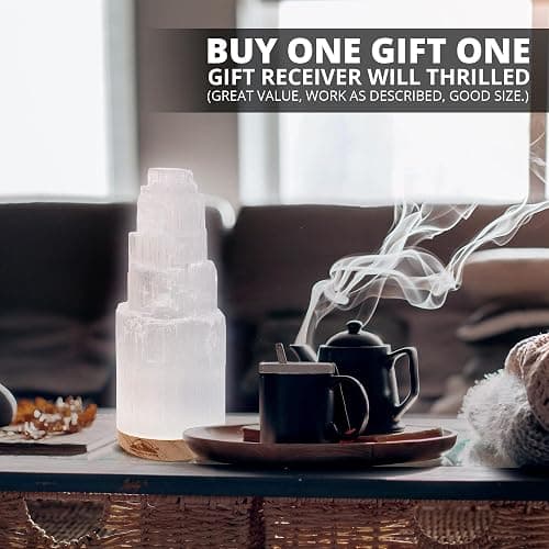 Himalayan Glow Selenite Crystal Lamp 20cm, Hand Curved Morocco |Skyscraper| Crystals and Healing Stones,(ETL Certified) with Wooden Base & USB Charging Cable For Healing Cleansing & Meditation thumbnail 12