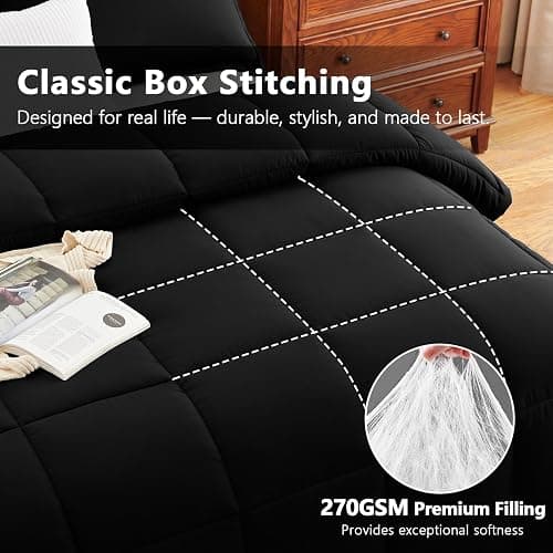 CozyLux Queen Comforter Set, 3-Piece Box-Stitched, Black | 270 GSM Down Alternative Fill, 90 GSM Brushed Microfiber Shell, OEKO-TEX Certified, 88 x 88 in Comforter with 2 Pillow Shams thumbnail 4