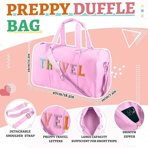 Shinylin 2 Pcs Preppy Chenille Letter Duffle Bag and Makeup Pouch, Travel Tote Bag Cosmetic Zipper Patch Makeup Bag (Pink) - Pink thumbnail 3