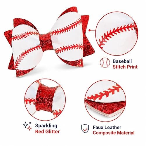 Danyarts 2PCS Baseball Hair Bow Clips for Girls, Game Day Baseball Bows | 2 red glitter baseball bow clips with alligator clips for girls, for game day, softball, team spirit and sports events. thumbnail 2