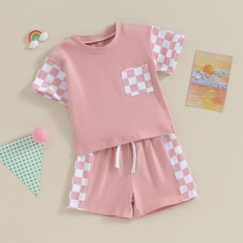 Sejardin Toddler Baby Girl Clothes Summer Outfit Plaid Patchwork Short Sleeve T Shirt Tops and Stretch Casual Shorts Set thumbnail 2