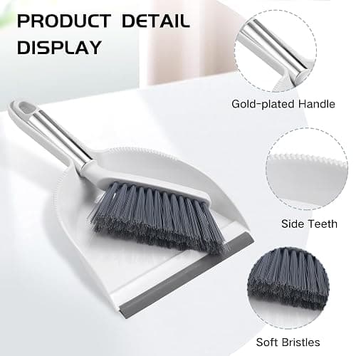 NACENA Mini Broom and Dustpan Set, Small Dust Pan and Brush Set with Handle Dustpan Teeth for Cleaning Hair Suitable for Office Desks Drawers Sofas Outdoor Camping, White & Gray thumbnail 6