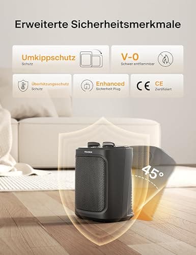 PELONIS Mini Elektrischer Heizlüfter 2000W mit zwei Heizstufen und Lüfter, Keramik-Tischheizung für Badezimmer, Schlafzimmer, Tischheizung mit Temperaturregelung thumbnail 5