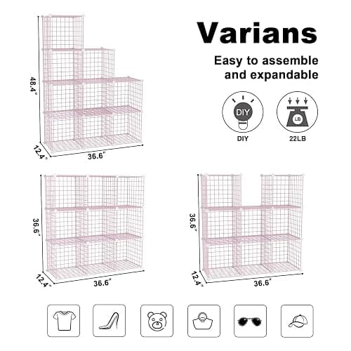C&AHOME Wire Cube Storage, 9 - Cube Organizer Metal C Grids, Modular Shelves Units, Closet Organizer, Ideal for Home, Office, Living Room, 36.6”L x 12.4”W x 48.4”H, Pink UWCS3009P thumbnail 3