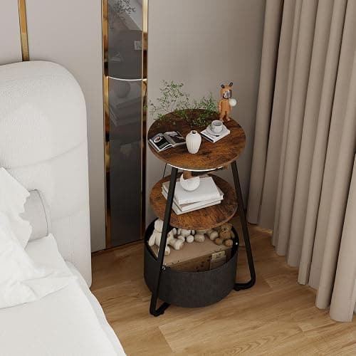 ARTETHYS Side Table with Charging Station, Small Round Coffee Table with 3 Colour LED Lights and Storage Basket, End Table with 3 Tier Shelves, Bedside Sofa Side Tables for Living Room Bedroom thumbnail 7