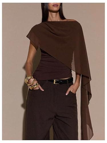 BEAUDRM Women's Ruched Cape One Shoulder T Shirts Short Sleeve Asymmetrical Neck Fitted Crop Top thumbnail 4